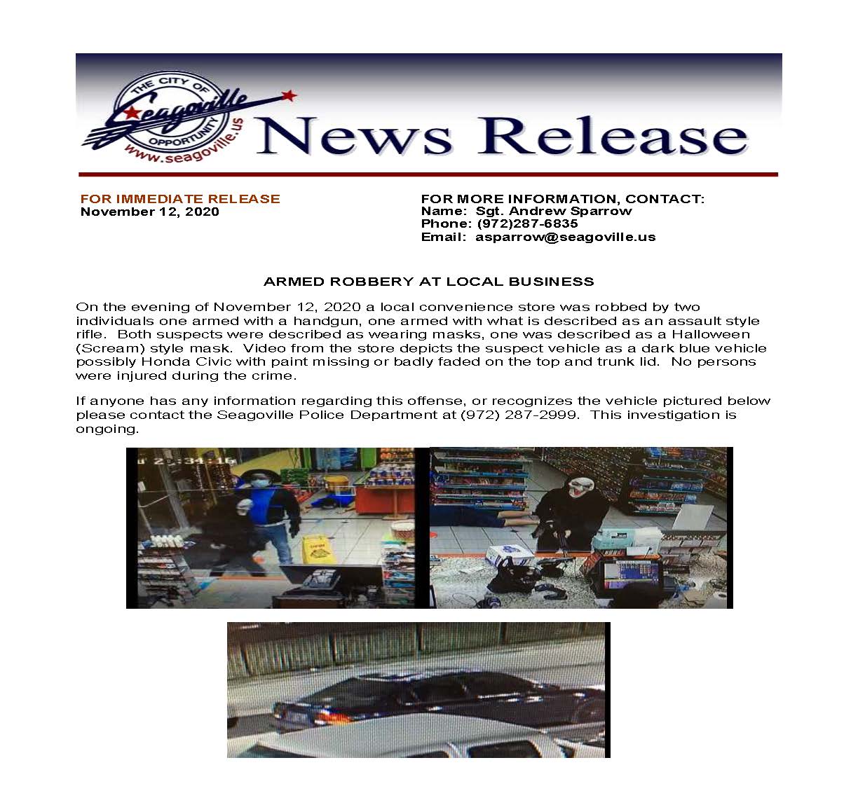 2020 Press Release Convenience Store Robbery